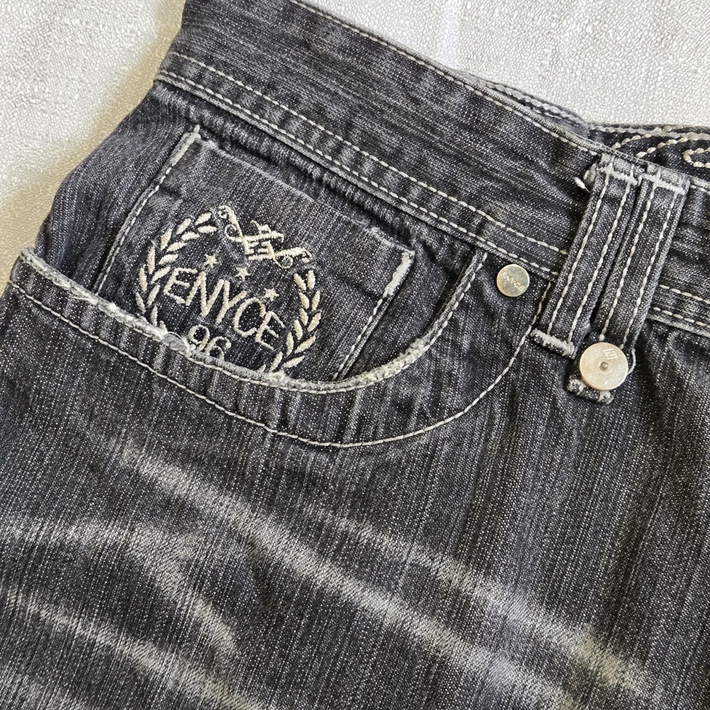 Vintage Enyce Distressed Black Men's Wide Leg Jeans Embroidered Logo Button Zip